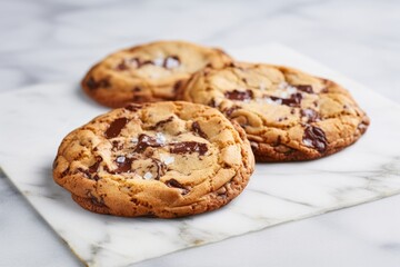 Tempting chocolate chip cookies on a marble slab against a white background