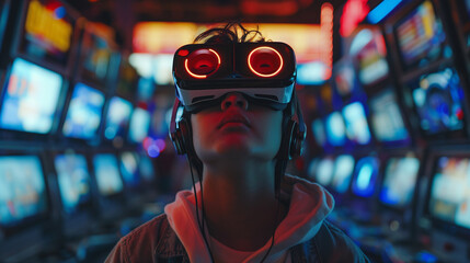 Obraz premium A person wearing virtual reality glasses,ai 