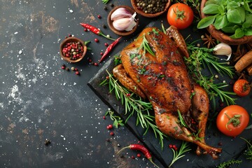 spiced roast duck on board with herbs and spices, in the style of dark gray and cyan, matte background, polished concrete