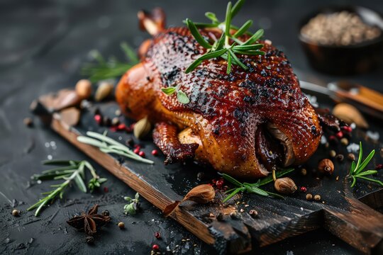 spiced roast chicken on board with herbs and spices, in the style of dark gray and cyan, matte background, polished concrete