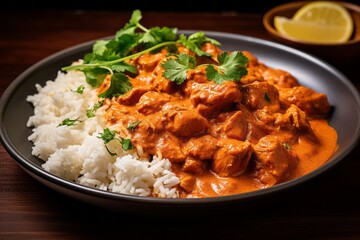 Hearty chicken tikka masala on a rustic plate against a white background
