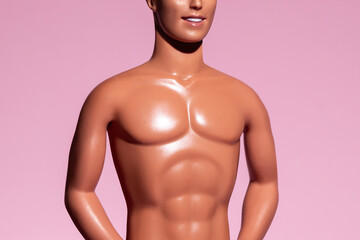 muscular body, athletic, tanned male torso of a handsome barbie ken plastic doll man close-up...