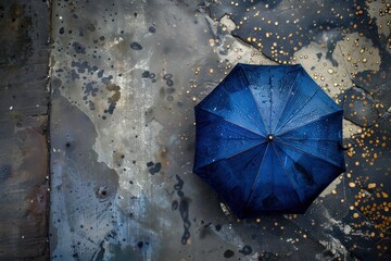 the blue umbrella lies on the ground with water drops around it, in the style of light silver and dark navy