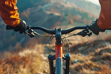 Fototapeten Extreme mountain bike sport athlete man riding outdoors lifestyle trail © Fabio