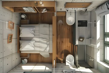 top view of a small studio apartment, in the style of hyper-realistic water, wood, aluminum, interior scenes, gray and bronze