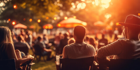 Night Gathering of Citizens: A Blurred Retro Bokeh Crowd of Unrecognizable People Standing Outdoors...
