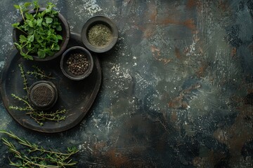 traditional spices and herbs on clay tabletop top view, in the style of modern, dark gray and green, mediterranean inspired