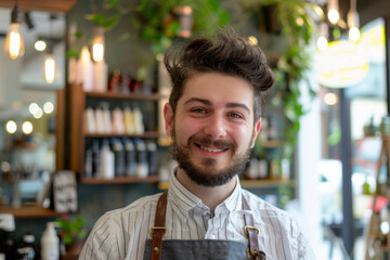 Portrait of a handsome bearded man in apron smiling while standing in hairsaloon