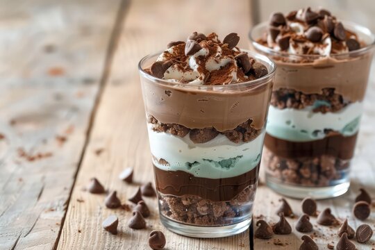 chocolate mousse desserts in a glass on a wooden table, light white and turquoise