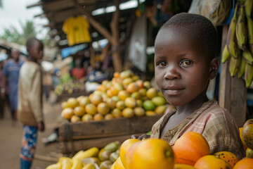 Fototapeta premium Portrait of a cute little African boy smiling at the local market.