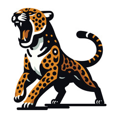 Wild roaring jaguar leopard full body vector illustration, zoology illustration, animal predator big cat design template isolated on white background