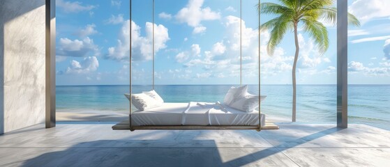 3d rendering beautiful hanging bed on terrace near beach and sea with nice sky view and palm tree in hawai in summer vacation