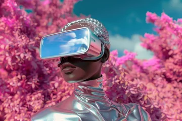 Foto op Aluminium A visually striking image presenting a silver humanoid figure with virtual reality glasses amidst vibrant pink flora background © Fxquadro