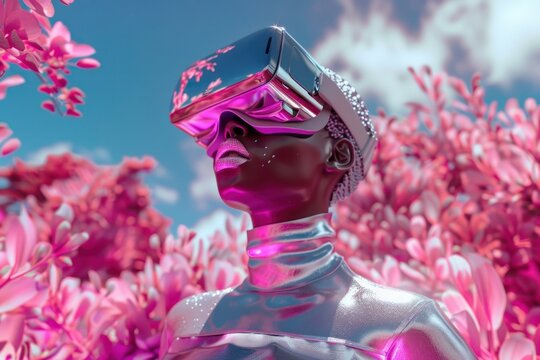 Depicting a person in a futuristic suit with VR goggles in a field of saturated pink blossoms