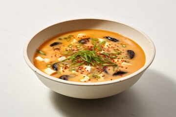 Exquisite miso soup on a marble slab against a white background