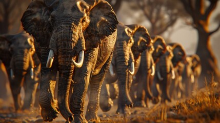 Naklejka premium A line of towering elephants marching in unison their tusks adorned with menacing spikes.