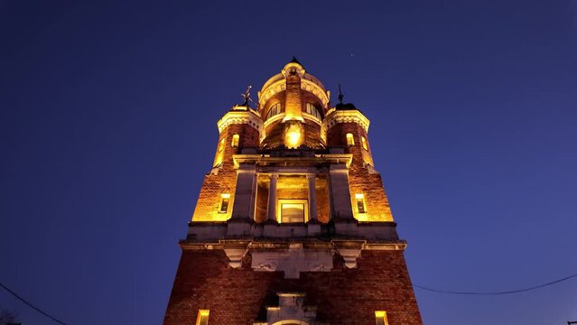 Gardos tower in Zemun municipality, city of Belgrade, Serbia, blue hour evening cityscape.	

