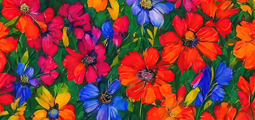 Fotobehang Bright painted flowers background. Generative AI © Sergey