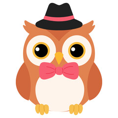 happy cute owl with bow tie and hat illustration 