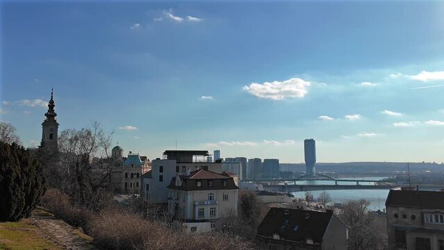 View from Kalemegdan fortress of Belgrade rivers and cityscape, Serbia.