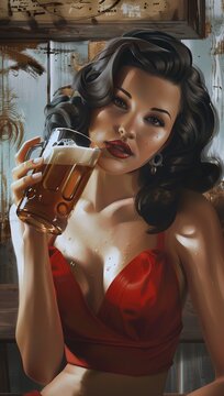 Poster from the 1950s. Girl in a bar drinking beer. Pin-up.