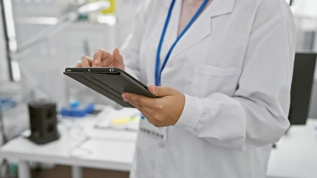 A professional woman scientist in a lab coat uses a tablet in a laboratory setting, symbolizing technology in healthcare.