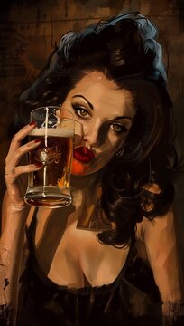 Poster from the 1950s. Girl in a bar drinking beer. Pin-up.