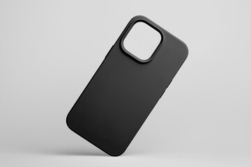 black soft silicone case for iPhone 15 Pro Max  falls down back view , smartphone case mockup isolated on grey background
