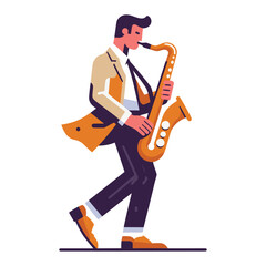 Musician playing saxophone, music player performing solo, holding sax instrument in hands, man saxophonist, jazz and blues performance. Flat vector illustration isolated on white background