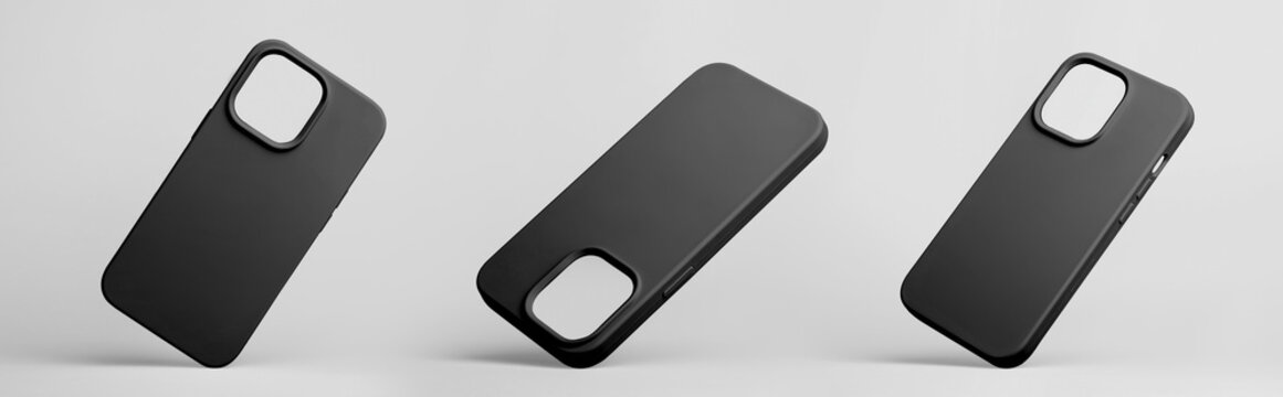 set of three phone cases for iPhone 15 Pro max, black silicone covers falling down in different angles, back view isolated on grey background, smartphone case mockup