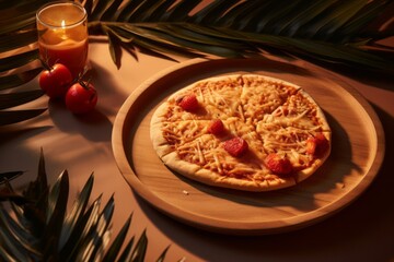 Hearty pizza on a palm leaf plate against a minimalist or empty room background