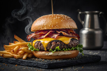 Burger ai generated. Tasty burger, cheeseburger, hamburger with bacon. Soft focus french fries. Generative AI