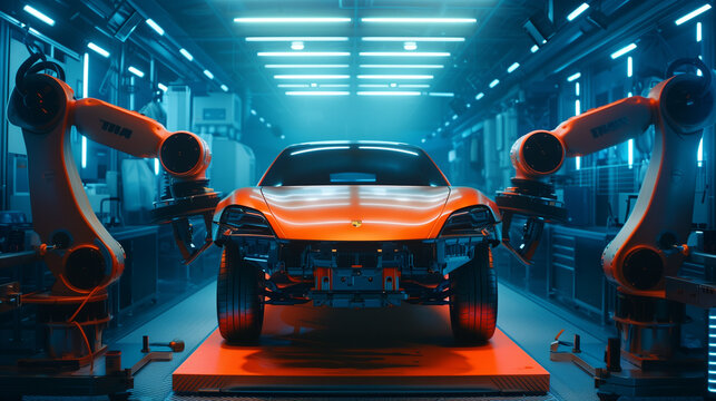Futuristic Autonomous Car Assembly with Advanced Robotic Arms in a Factory