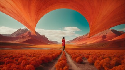 3D illustration of a woman walking along a path in the middle of a field and looking into the distance.