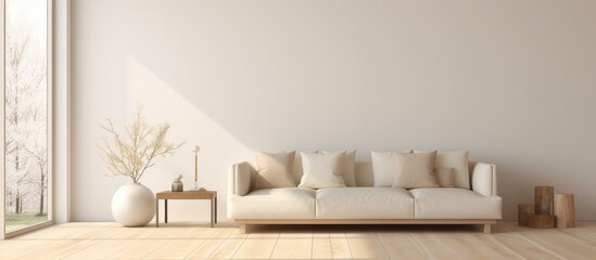 A beige minimalist living room is showcased, featuring a white couch and two tables on a wooden floor. The decor on the large wall complements the overall aesthetic,