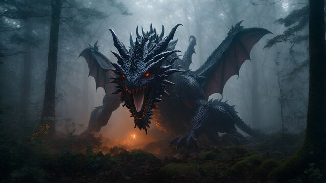 fantasy dragon in a dark forest with fog
