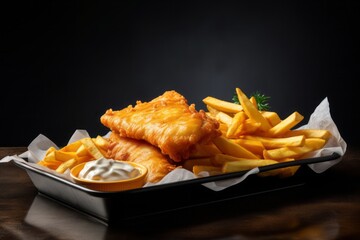 Tasty fish and chips on a metal tray against a minimalist or empty room background