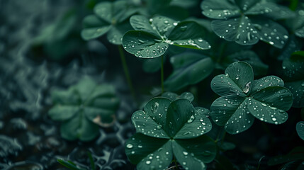 Serene Clover Leaves Adorned with Morning Dew Drops, Nature's Artistry in Teal Hues