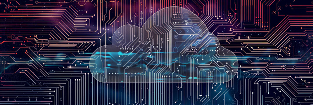Digital Cloud Computing Concept Art, Circuit Board Design with Ethereal Blue Overtones