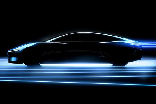Silhouette of a sleek electric car its contours illuminated by dynamic blue energy lines against a dark tech inspired backdrop offering ample copyspace for eco friendly advancements