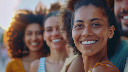 Fototapeta premium A group of people from various backgrounds standing shoulder to shoulder, facing the camera with smiles, Diversity People Group Team Union, blurred background, with copy space