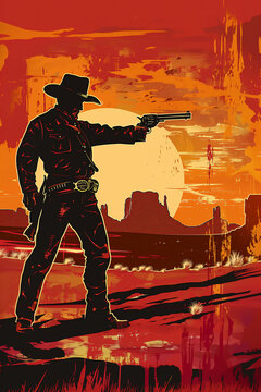 American cowboy outlaw gunslinger in the Wild West frontier of Texas shooting a revolver gun in the style of a vintage distressed painting retro poster, stock illustration image