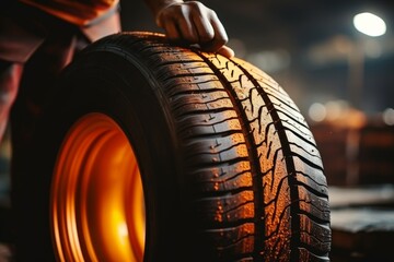 Professional mechanic demonstrating the process of replacing a car tire in a workshop setting