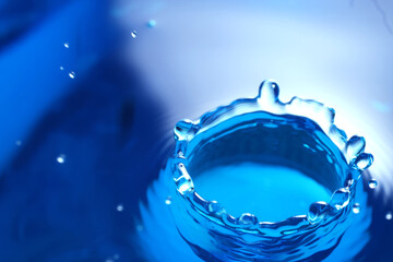 Splash of clear water with drops on blue background, closeup