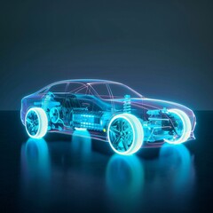 The concept image of an electric vehicle with a transparent body showcasing its innovative blue lit battery and motor technology against a minimalist background with copyspace