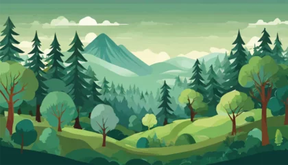 Abwaschbare Fototapete Grün Illustration of a Lush Vector Forest Scene with Diverse Trees, Perfect for Nature Lovers and Environmental Themes. Enhance Your Projects with This Vibrant and Detailed Image. 