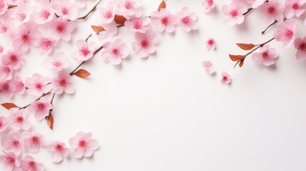 Fototapeta premium Beautiful delicate pink flowers on a white background. Abstract layout of a colored frame with space for text. An invitation to a wedding. The concept of International Women's Day, Mother's Day.