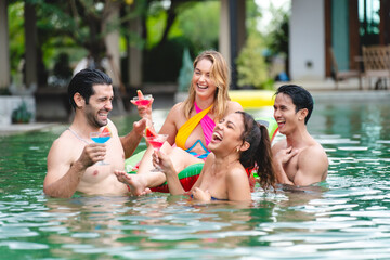 happy friend group having holiday party together at swimming pool water, man person and woman smiling fun in swimwear bikini in summer vacation, young friendship enjoyment to swim in outdoor lifestyle