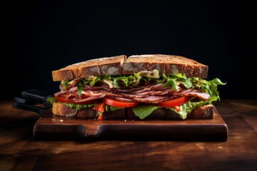 Tempting sandwiches on a wooden board against a minimalist or empty room background