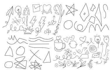 Hand-drawn set elements icon set for concept design. vector illustration. black on a white background. Arrow, hearts, love, star, leaf, sun,  flower, crown,  emphasis, swirl, heart, for concept .